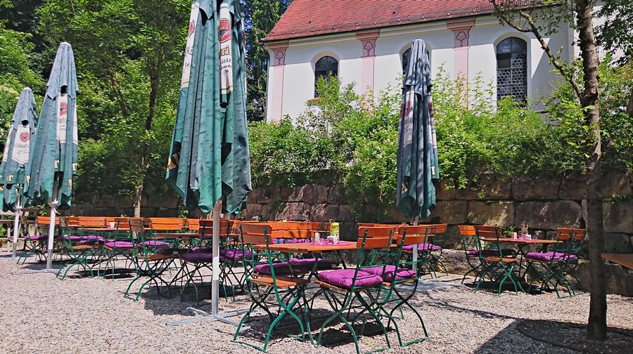 Biergarten mit Tischen und Sonnenschirmen unter Bäumen